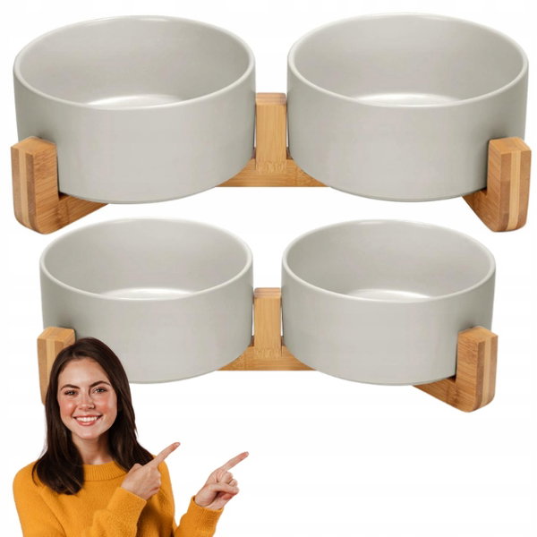 Miski ceramiczne dla psa do karmienia z bambusowym stojakiem SPUNKYJUNKY