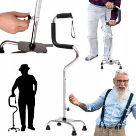 Laska czteronożna aluminiowa srebrna z uchwytem regulowana 78-95cm podnóżek