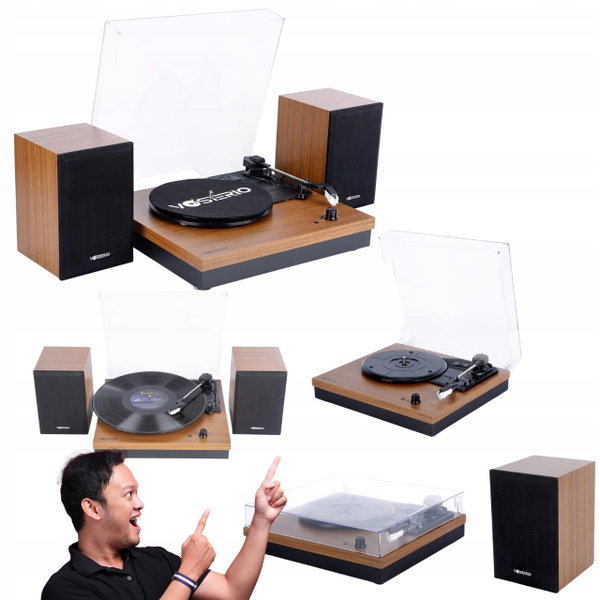 Gramofon winylowy VOSTERIO Bluetooth z głośnikami HiFi stereo 2x15W orzech