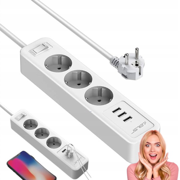Przedłużacz listwa zasilająca 3 drożne z 3 Portami ładowania USB 2 metry
