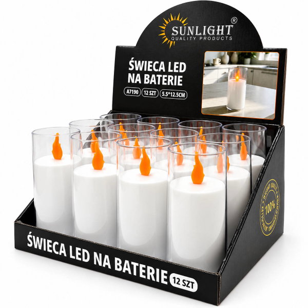 Świece LED Sunlight (A7190) biała tuba ruchomy płomień 12,5 cm 12 sztuk