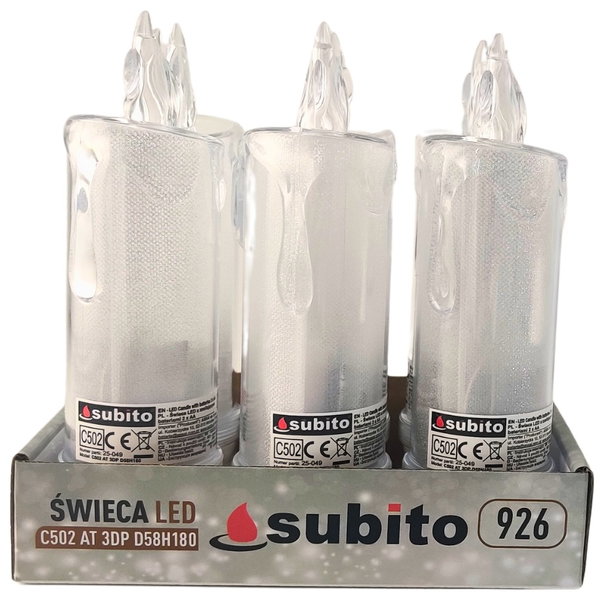 Świeca brokatowa LED SUBITO C502 H180 biała zimna (926) 6 sztuk