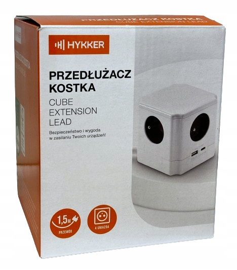 Przedłużacz Kostka 1,5 m 4 gniazda + USB-A, USB-C Biały Hykker