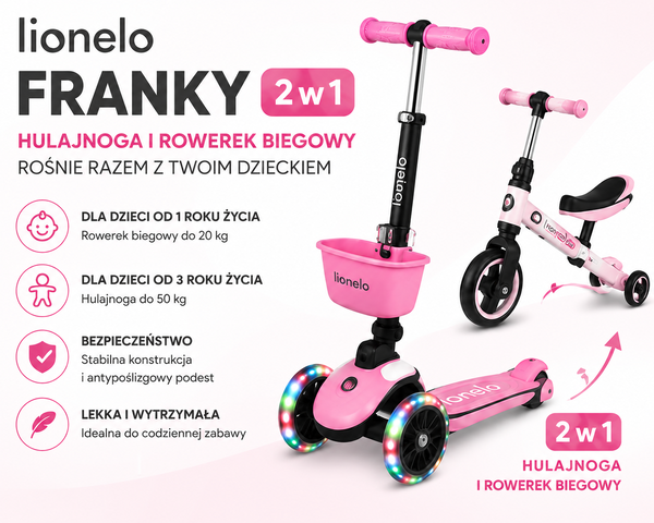 LIONELO FRANKY 2w1 Różowa Hulajnoga Balansowa i Rowerek Biegowy z Koszyczkiem