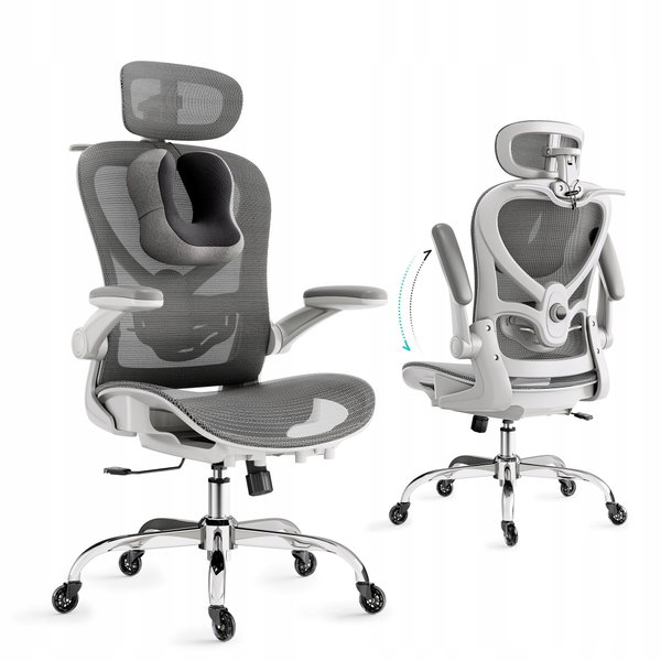 Krzesło Ergonomic PRO1 SZARE z zagłówkiem 3D i wieszakiem na płaszcze