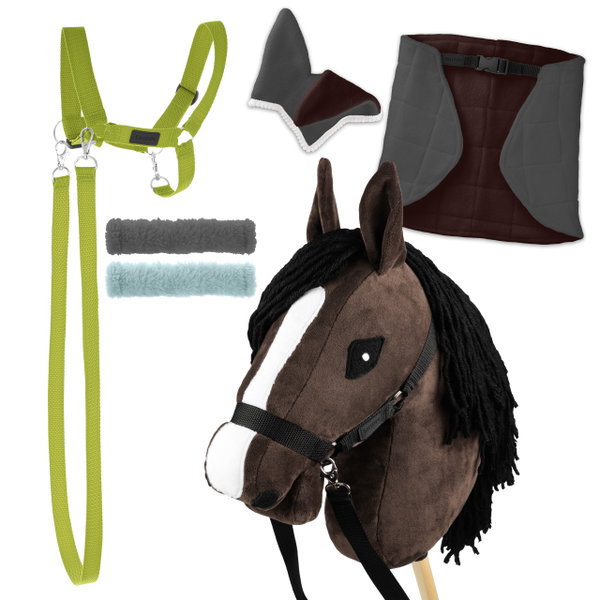 Zestaw Skippi - Hobby Horse Gniady - Derka szary i brąz - Kantar j-zielony