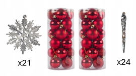 ZESTAW ŚWIĄTECZNY CZERWONE BOMBKI SOPLE ŚNIEŻYNKI ŻYŁKA 95 PCS