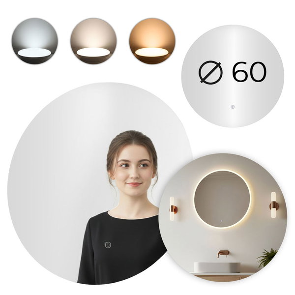 LUSTRO ŁAZIENKOWE OKRĄGŁE WISZĄCE LED 60 cm 3 BARWY WŁĄCZNIK DOTYKOWY