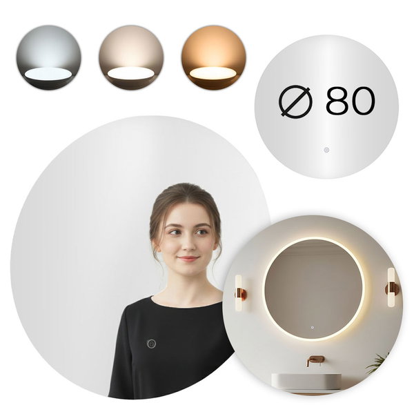 LUSTRO ŁAZIENKOWE OKRĄGŁE WISZĄCE LED 80 cm 3 BARWY WŁĄCZNIK DOTYKOWY