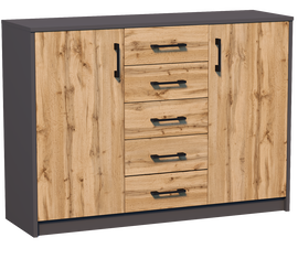 Bestseller Komoda 2 Drzwi 5 Szuflad Grafit/Wotan 110cm x 85cm x 35cm K019G/W