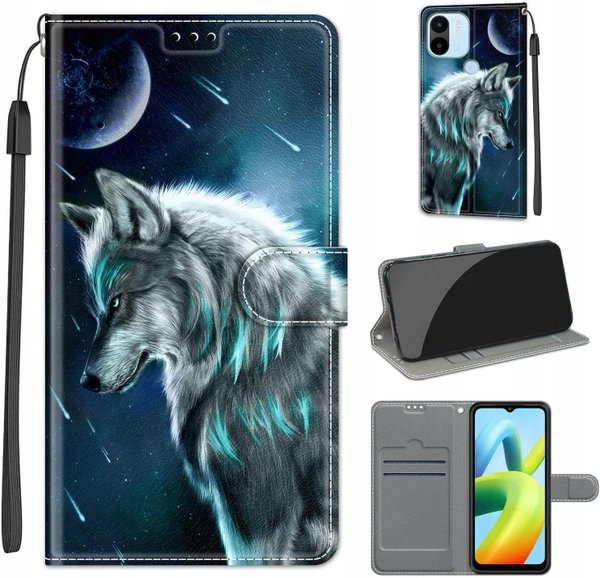 Etui do Xiaomi Redmi A1/A1+/A2/A2+, etui z klapką ze skóry PU, wilk