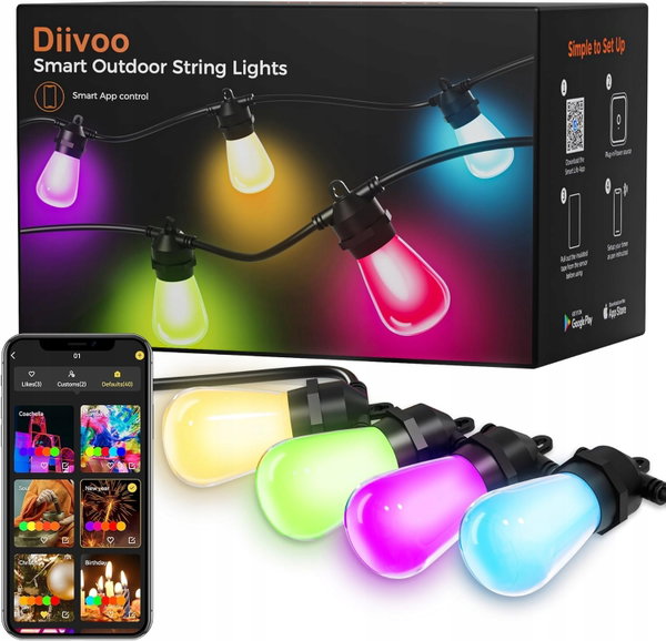 Światła LED Diivoo, 15m z aplikacją Bluetooth, IP65, wodoodporne