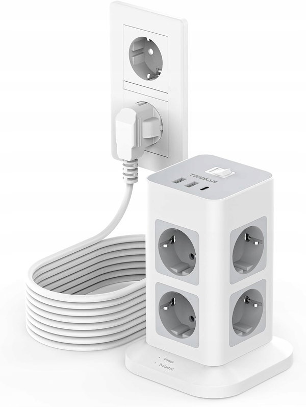 LISTWA STOJĄCA KOMPAKTOWA Tessan Rozgałęznik 8xAC 2xUSB-A 1xUSB-C 3600W 10M
