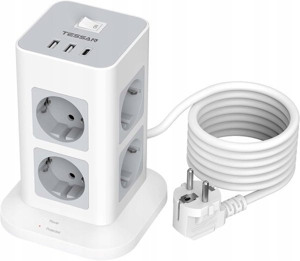 LISTWA STOJĄCA KOMPAKTOWA Tessan Rozgałęznik 8xAC 2xUSB-A 1x USB-C 3600W 2M