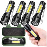 Przenośna latarka LED COB XML akumulatorowa metalowa z USB i zoomem x4 szt