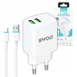 BWOO Ładowarka sieciowa 2x USB 2,4A 12W + kabel USB-C 100cm BIAŁA