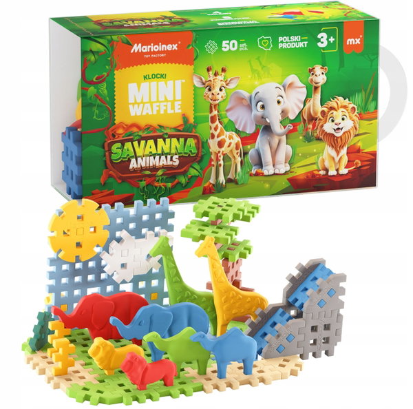 Marioinex klocki WAFFLE mini Savanna Animals, 50 el w tym 8 zwierząt