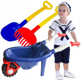 Granatowa Duża taczka ogrodowa na plażę 74cm + Głopata, grabie do piasku