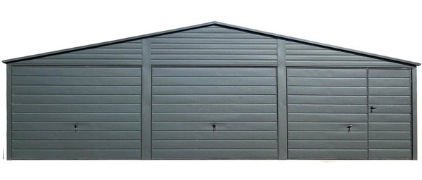 Garaż blaszany 9x6m - 3x Brama - drzwi  Antracyt  Dach dwuspadowy GP556