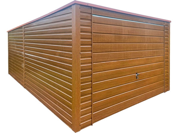 Garaż blaszany 3,5x6m - brama - jasny orzech - drewnopodobny - dach GP672
