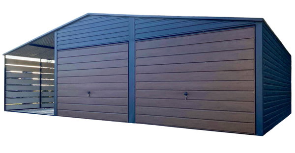 Garaż blaszany 6x6m - wiata 3m - 2x Brama drewnopobny GP681
