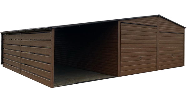 Garaż blaszany 6x6m - wiata 3m - 2x Bram drewnopodobny Dach rynny GP682
