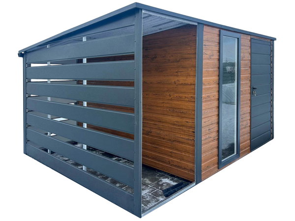Schowek domek ogrodowy 2,5x3 m + wiata 1m drzwi okno drewnopodobny GP729