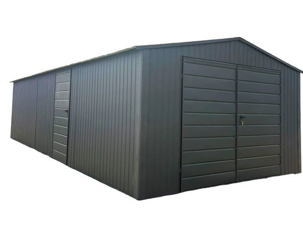 Garaż blaszany 4,5x8 m brama dwuskrzydłowa drzwi dach GP764