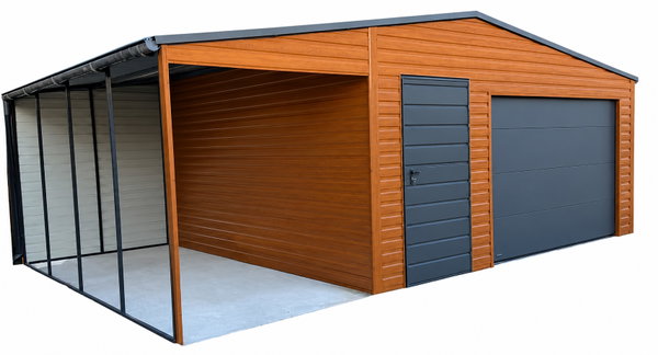 Garaż blaszany 5x6 m + wiata 2x6 m brama segmentowa drzwi okno rynny GP768