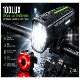 ZESTAW LAMPEK ROWEROWYCH PRZÓD TYŁ LED 100 LUX IPX5 HOMOLOGACJA USB-C 2000 mAh