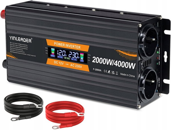 Yinleader 2000w 12v do 230v Power Inverter z Lcd, 2 gniazda Eu i Usb OUTLET