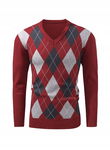 AlvaQ Argyle męski sweter z dzianiny, retro, dekolt w serek, czerwony, XL