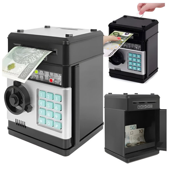 ELEKTRONICZNY SEJF SKARBONKA NA MONETY BANKNOTY BANKOMAT DLA DZIECI + PIN