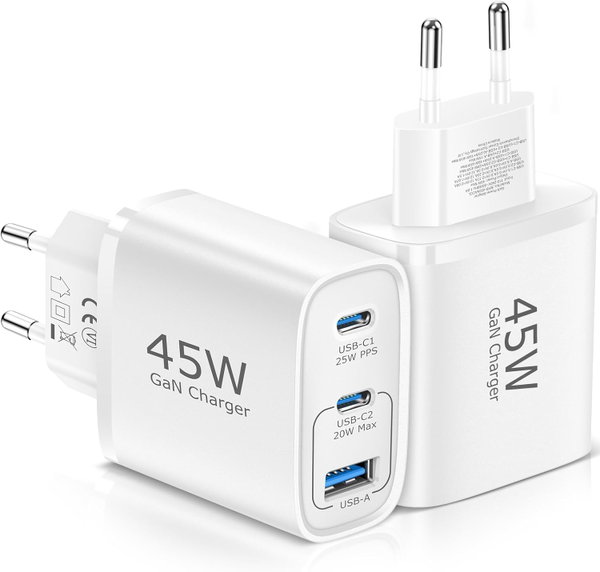 Szybka Ładowarka USB C 45 W GAN 3 porty USB C PPS  iPhone i Samsung