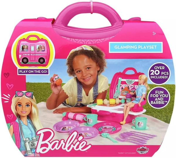 Lalka Barbie Glamping zestaw piknikowy walizka akcesoria kuchenne 20 szt