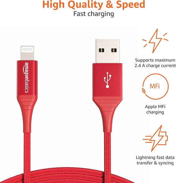 Kabel ładujący nylonowy USB-A do Lightning Amazon Basics 91 cm czerwony
