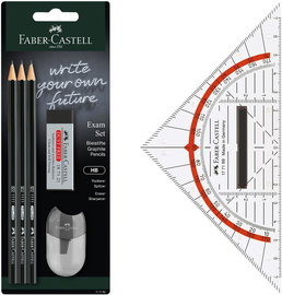 Zestaw ołówków HB egzaminacyjnych Faber-Castell z ekierką 14 cm i gumką
