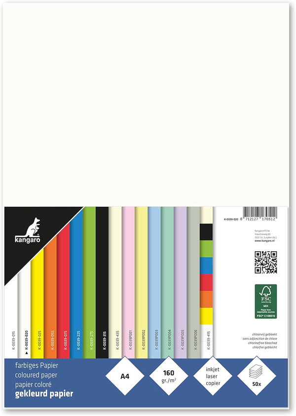 Kangaro Papier kolorowy kremowo-biały DIN A4-160 g/m² FSC 50 sztuk do DIY