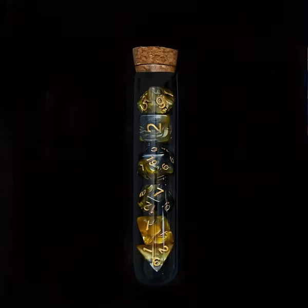 Zestaw Kości RPG w Fiolce Magic do gier D&D Warhammer Cthulhu żółto-czarne