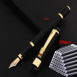 Eleganckie Pióro Wieczne Metalowe Czarny Smok + 50 Nabojów Atramentowych