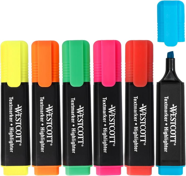 Westcott Zestaw 6 Zakreślaczy Fluorescencyjnych Mix Kolorów Markery Biurowe