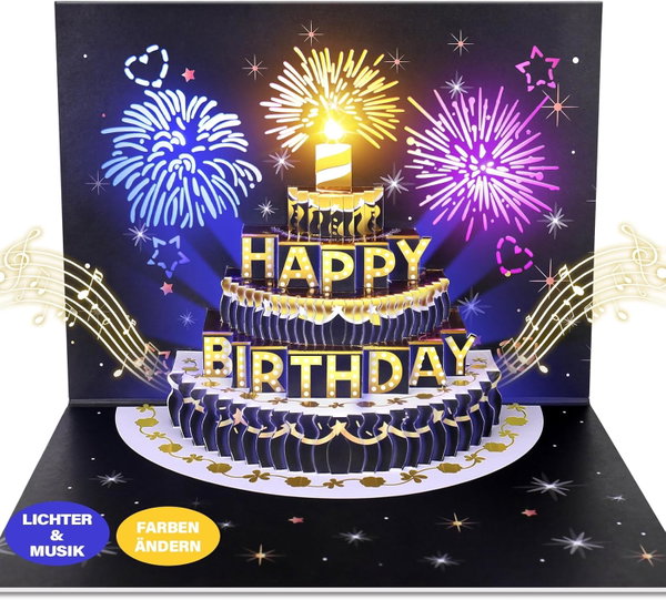 Grająca Kartka na Urodziny z Muzyką 3D LED Happy Birthday Premium Koperta