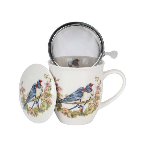 Porcelanowy kubek z zaparzaczem  i pokrywką Jaskółki 400 ml Ptasi Świat
