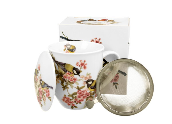 Porcelanowy kubek z zaparzaczem i pokrywką Sikorki 400 ml Ptasi Świat