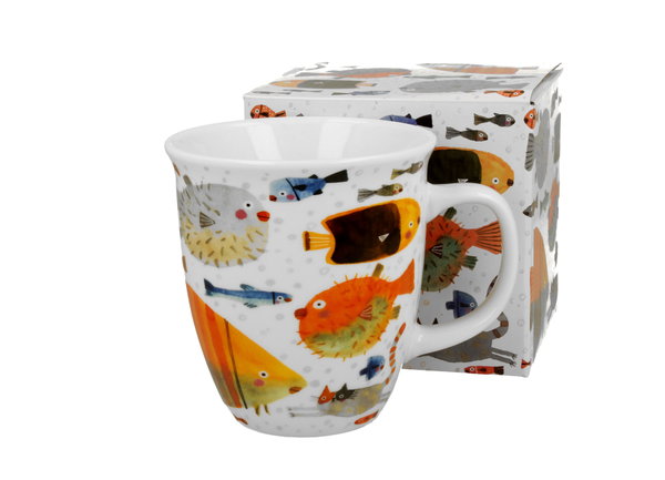 Duży kubek porcelanowy 650 ml Kolorowe Ryby i Kot zabawny wzór