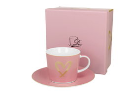Różowa filiżanka ze spodkiem Złote Serduszko Serce 250 ml porcelana