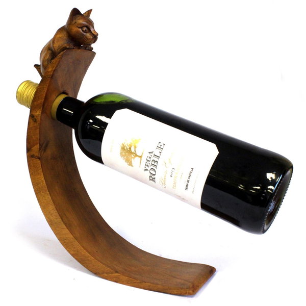 Drewniany Balansujący Stojak na Wino 30 cm Kot Ręcznie Rzeźbiony Indonezja