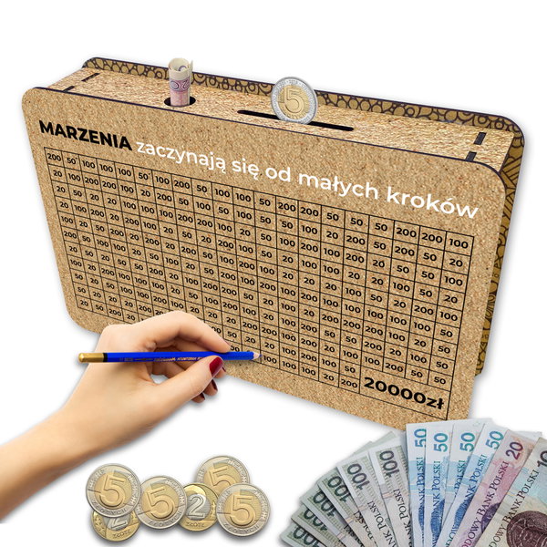 Skarbonka wykreślana marzenia Cel 20000 zł