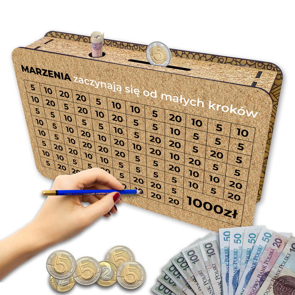 Skarbonka wykreślana marzenia Cel 1000 zł
