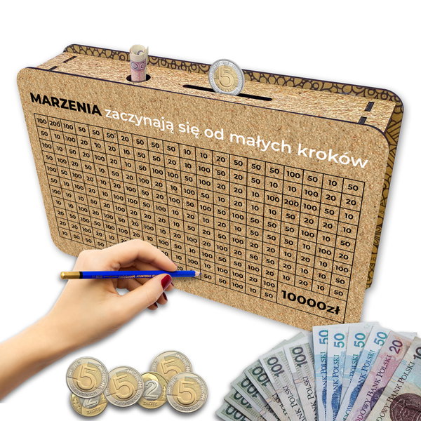 Skarbonka wykreślana marzenia Cel 10000 zł